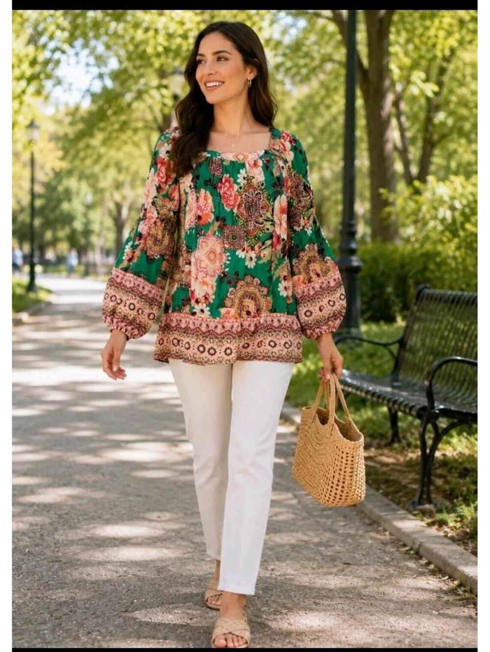 Figueroa & Flower Women's Boho Top Bohemian Size L Green Floral NWT #CC